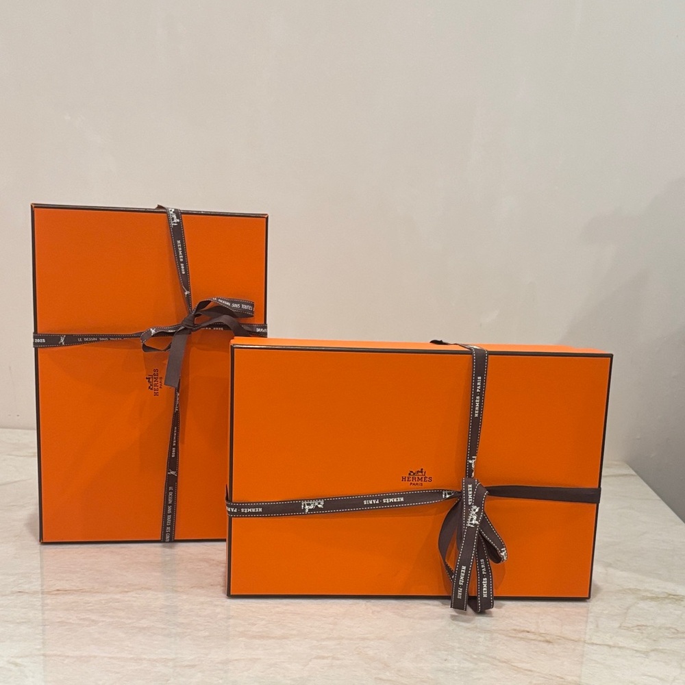Authentic Hermès Orange Shoe Boxes with Ribbons – 12.25″ × 8.25″ × 4.5″– Set of2